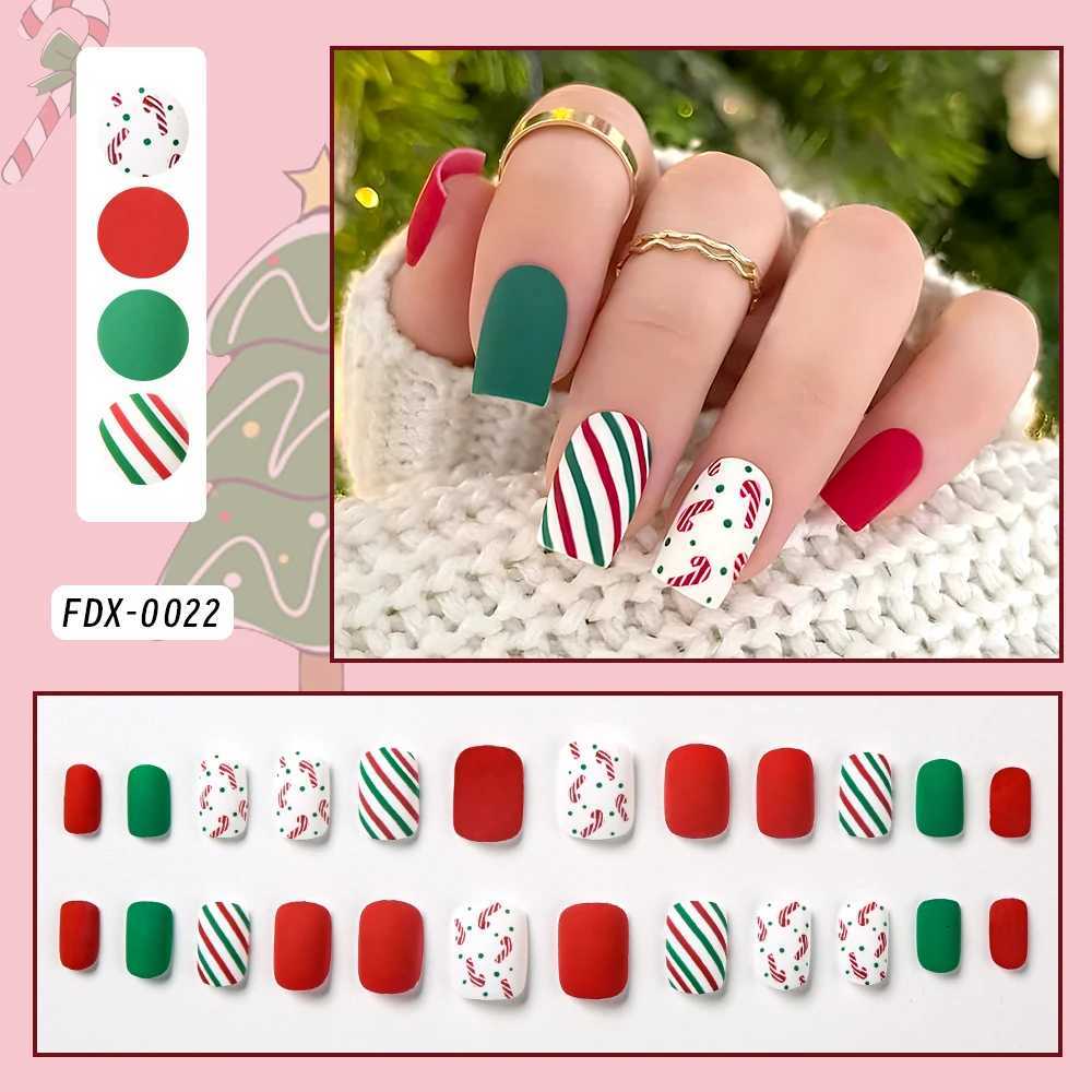 24Pcs/box Christmas Square Round Fake Nails Colorful LineRound Dot Press On Nails Full-Cover Short Square Glossy Xmas Nail TipsT251118T251119