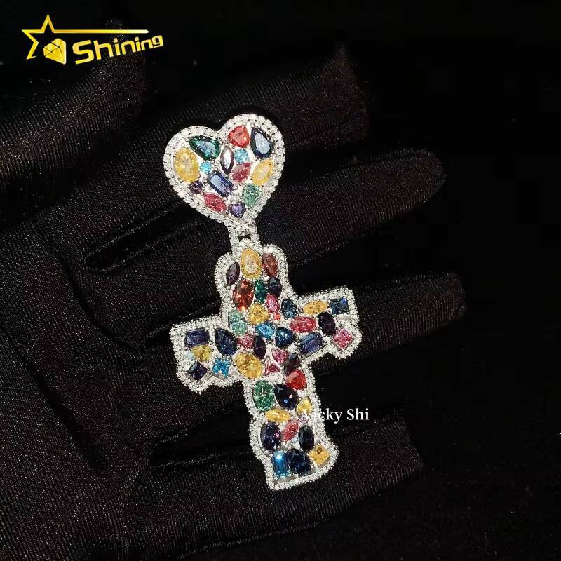 Hip Hop Pendant Iced Out 925 Silver Multi Color Moissanite Cross Pendant High Quality Custom Pendant Moissanite Jewelry for Men