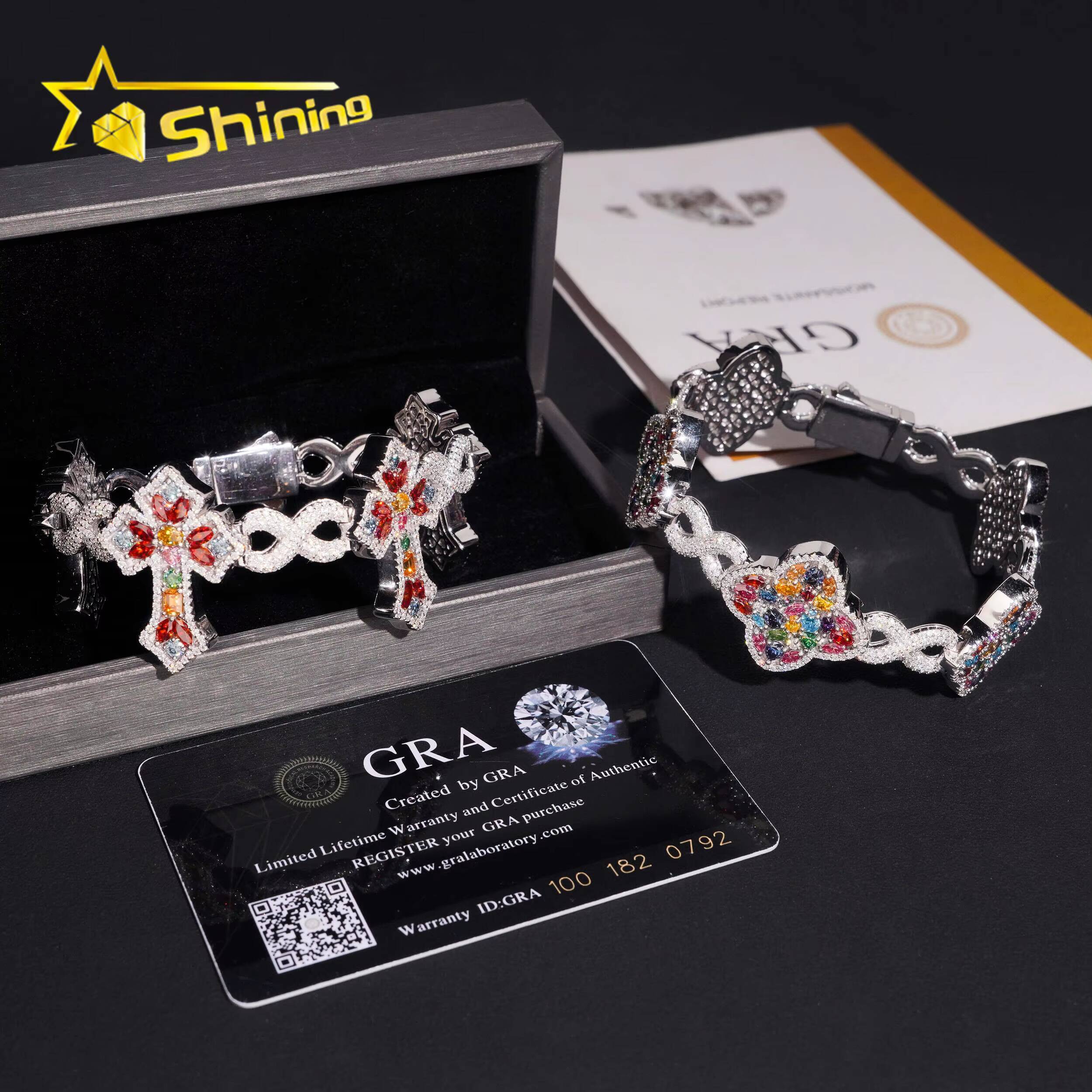 Hip Hop Jewelry Luxury Fancy Colored Moissanite Cross Cuban Bracelet Silver 925 Iced Out Infinity Moissanite Bracelet Men
