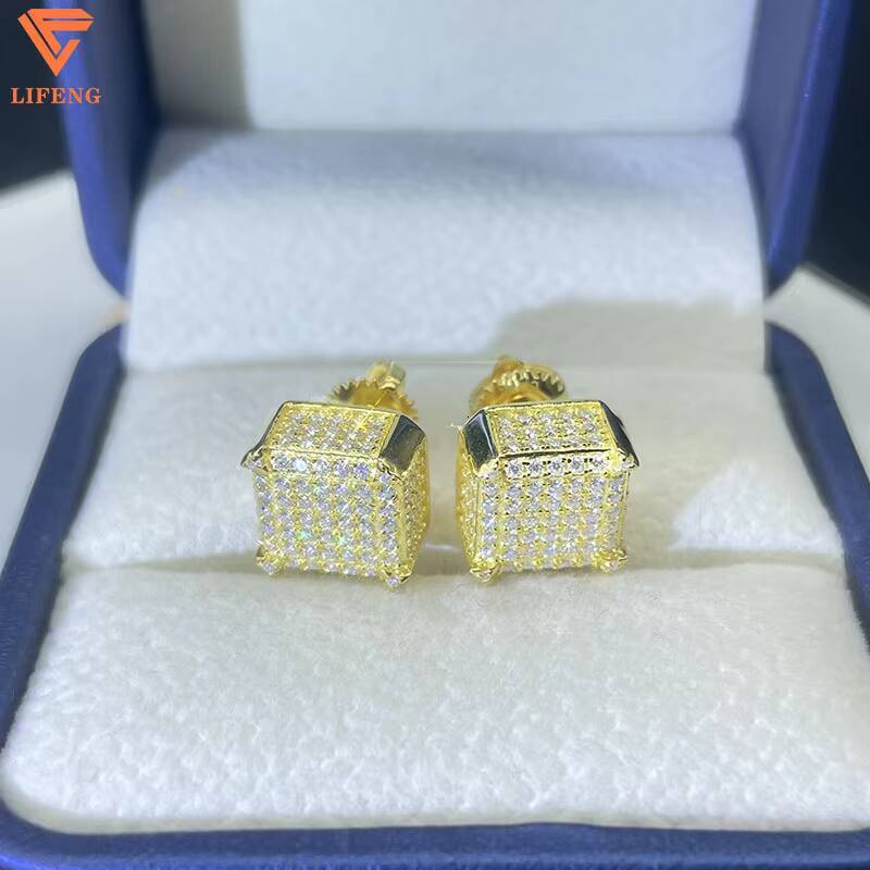 925 Sterling Silver Fine Jewelry Earrings Shiny Square Pleated With Gold Iced Out Moissanite for Men Women