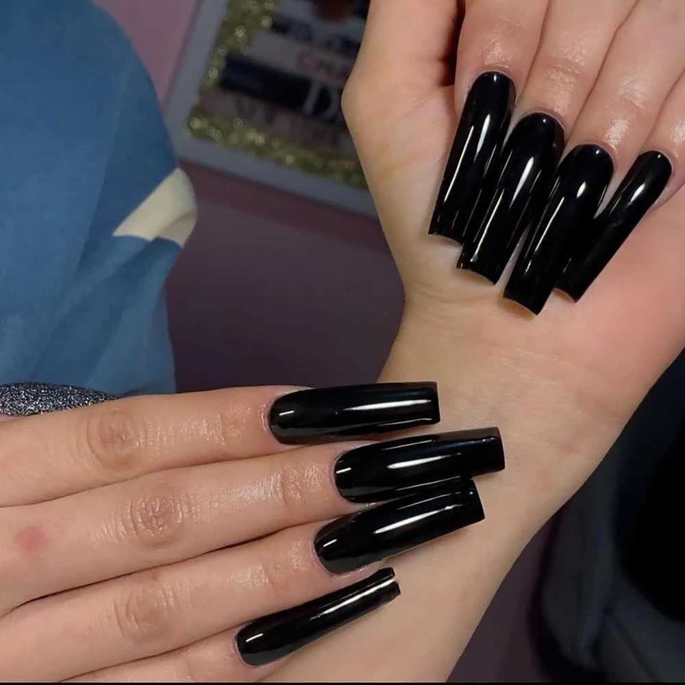 120pcs Long Coffin Black Press-On Nails Full Cover Ballet Square Shape False Nails Solid Color Glossy Finish Durable Fake NailsT251118T251119