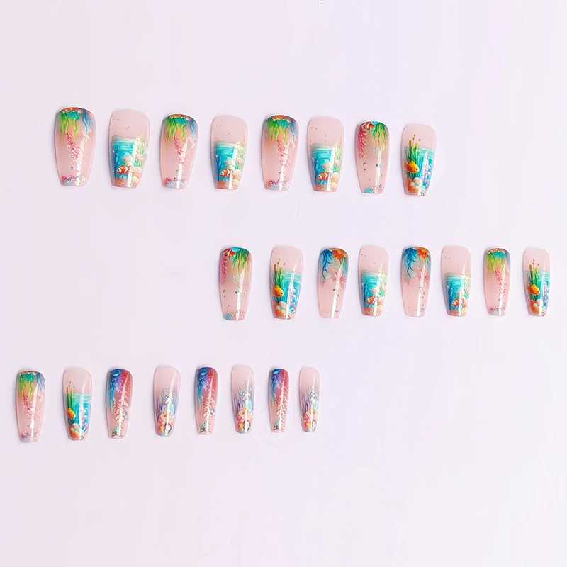 Medium-long dreamy undersea creature press-on nails with seaweed and starfish designs for a trendy lookT251118T251119