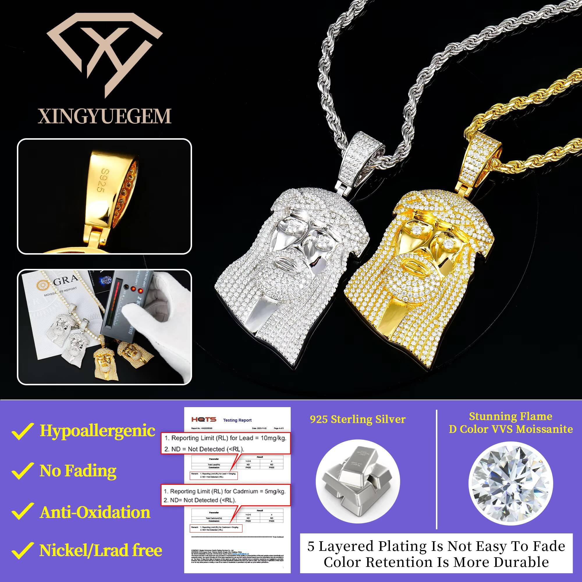 Bulk Wholesale Men Iced Out Vvs Gra Mossanite Diamond Jewelry 925 Silver Hip Hop Chain Necklace Jesus Piece Moissanite Pendant