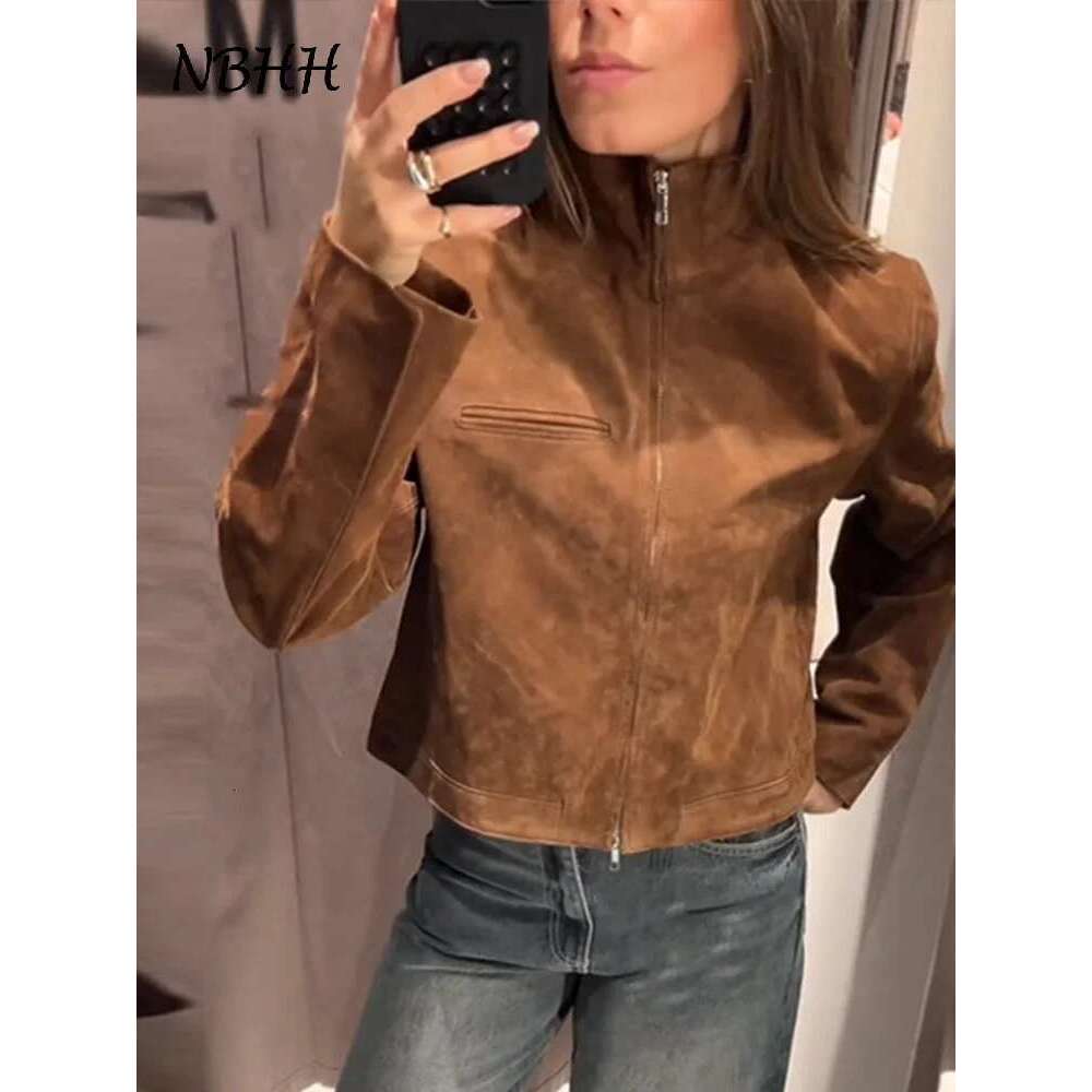 Designer Clothes 2025 Spring Short Suede Jackets Women Brown Stand Collar Zipper Long Sleeve Female Coats Fashion Street Y2k Lady Outwears