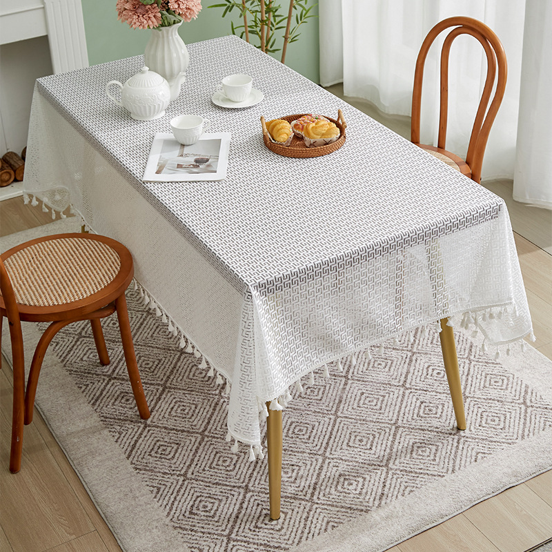Hollow-out tablecloth, cotton and linen, artistic and sophisticated rectangular tablecloth, coffee table cover, stain-resistant 9DSS01