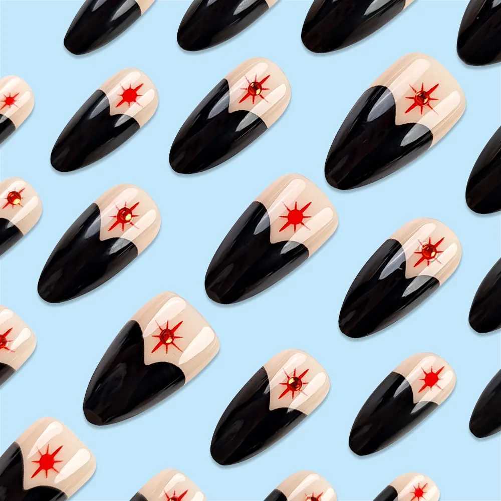 24pcs French Almond Press on Nail with Red Rhinestone Design Fake Nails Girl Wearable Full Cover Ins Simple Fake Nail PatchesT251118T251119