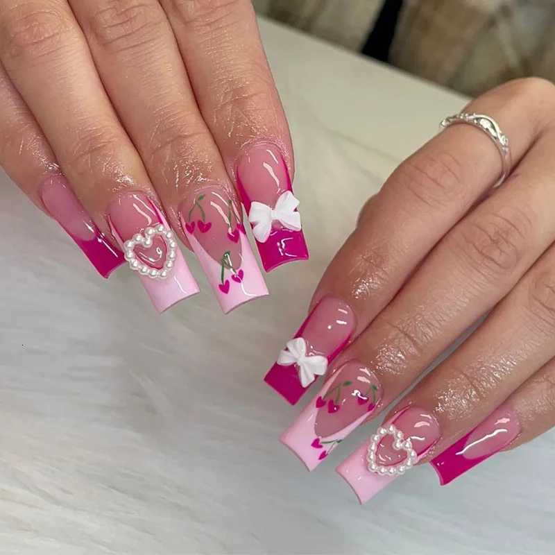 24Pcs Mid-length Square Head French False Nails with 3D Bow Rhinestone Design Full Cover Fake Nails Reusable Press on Nails TipsT251118T251119
