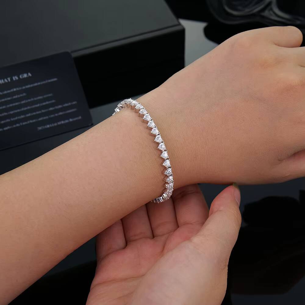 Wholesale 925 Silver Moissanite Tennis Chain Bracelet 4mm Heart Shape Unisex Jewelry for Men Hip Hop Gift