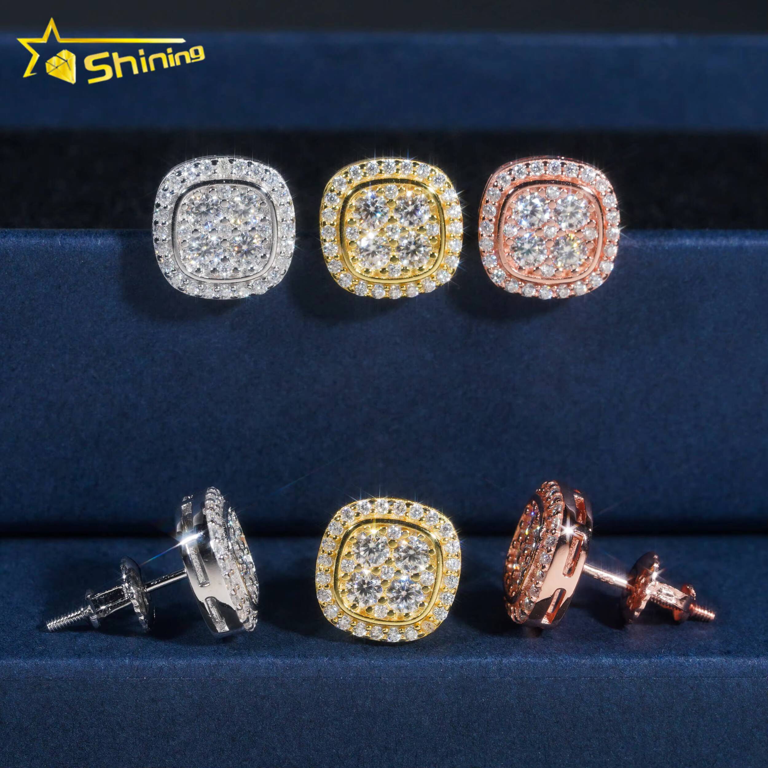 Iced Out 925 Silver Gold Plated Screw Back Moissanite Stud Earrings Hip Hop Jewelry Square Shape Moissanite Earrings Men