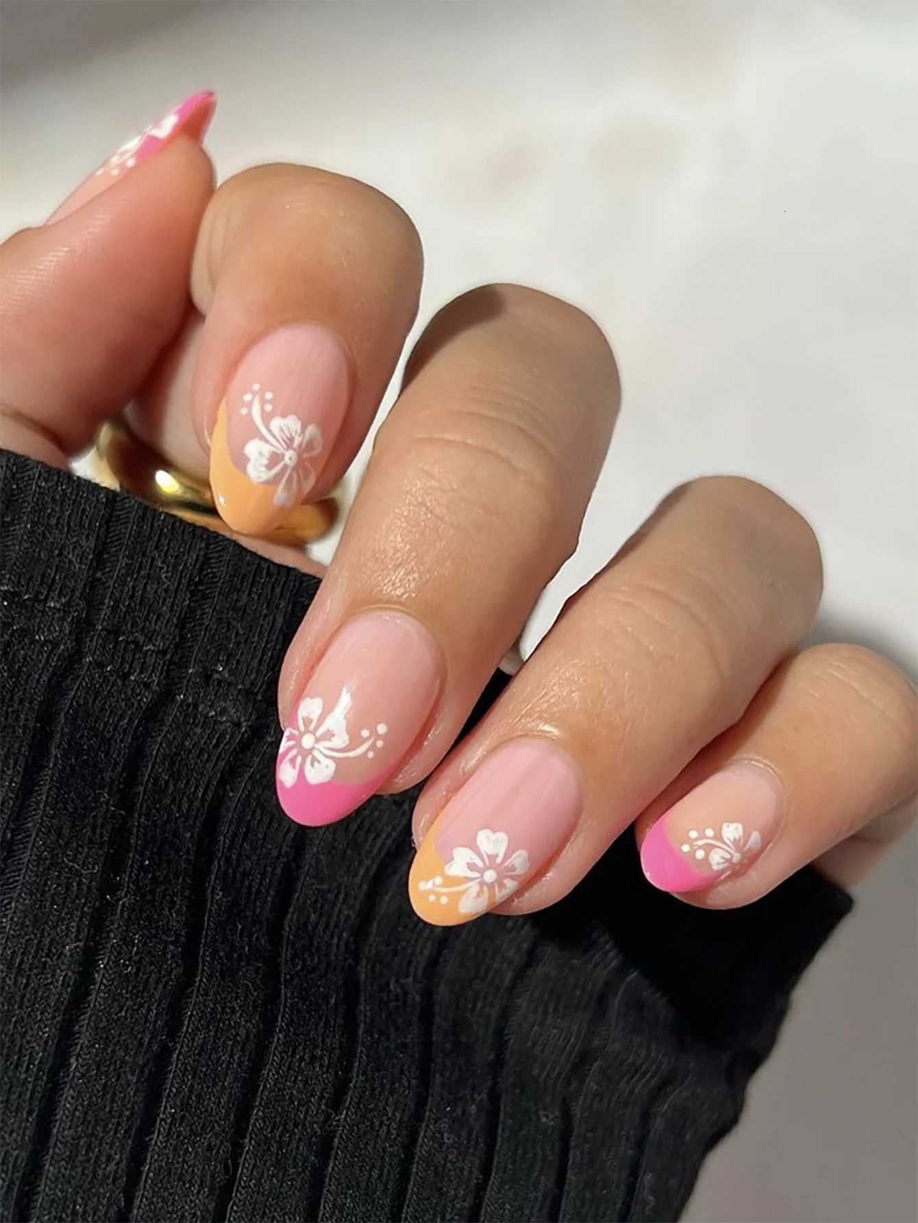 24 Pieces of Long Almond Dual Color French Flower Pattern ABS Fully Covered Fake Nails with 1 Piece of Jelly Glue and 1 FileT251118T251119