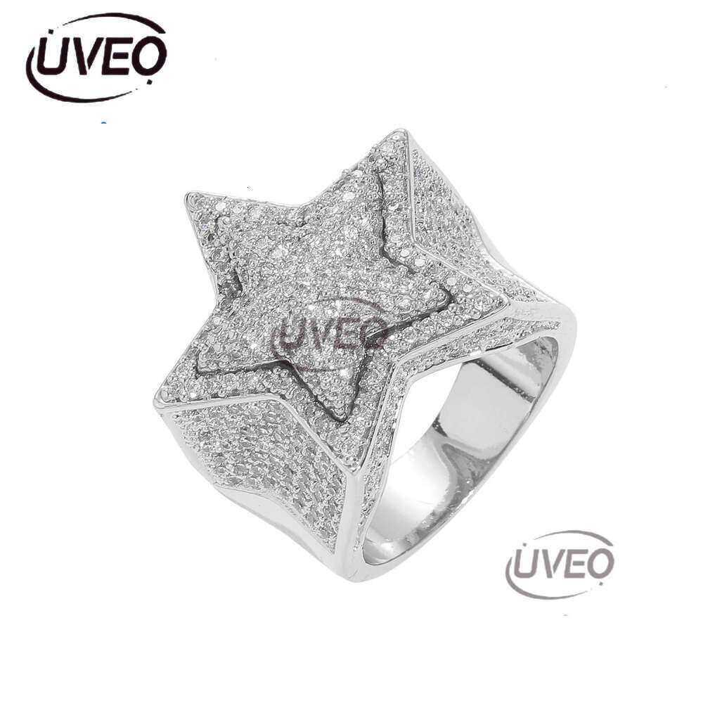 Luxury designer Hip Hop Ice out VVS Moissanite 3D five-point star double copper plated real gold Men women Hip hop rings