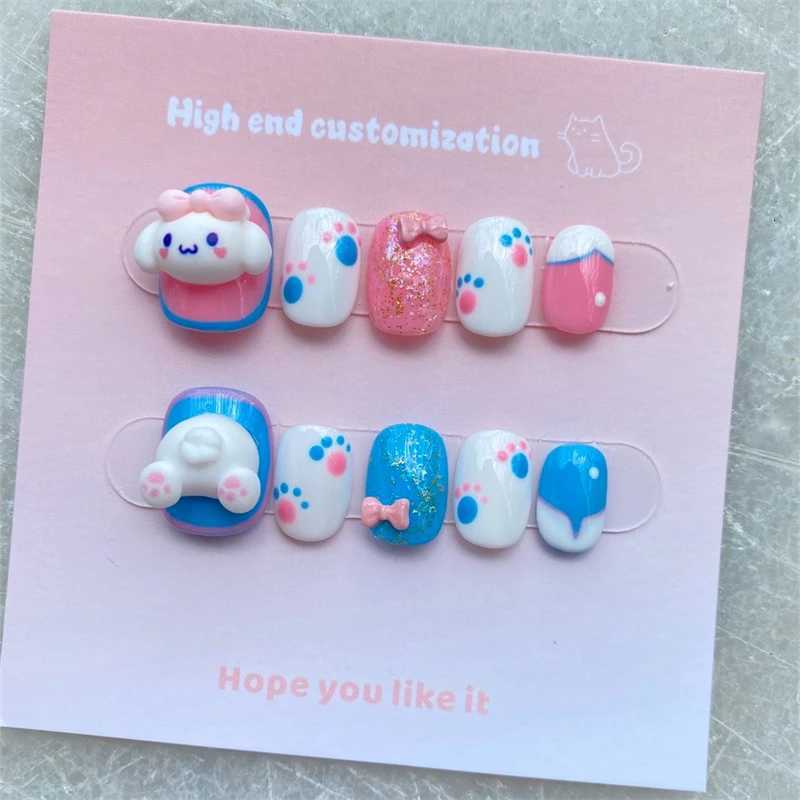 Kids/Adults Handmade Short Press On Nails Full cover Cute Dog Manicure Decoration Wearable Fake Nails Round Head Artificial NailT251118T251119