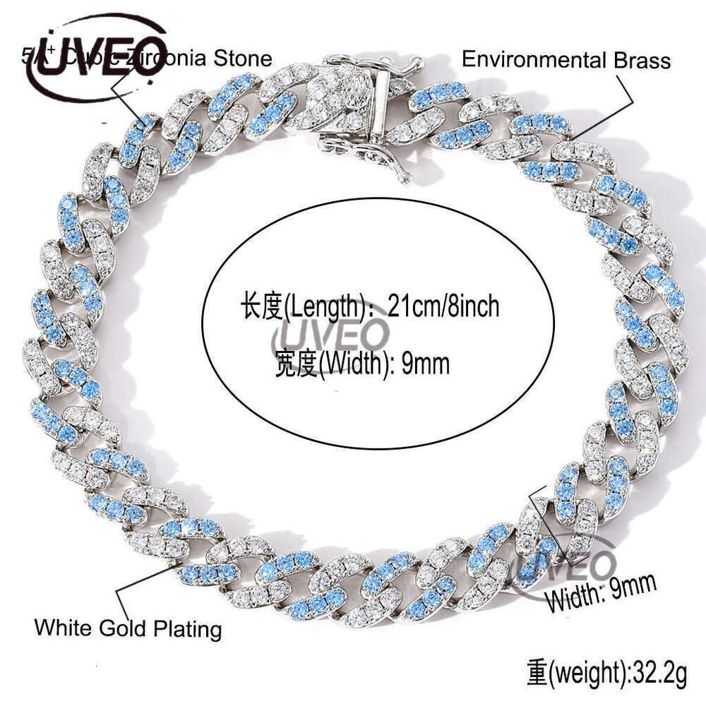 Luxury Hip Hop Necklace 9mm single row blue and white ice out VVS Moissanite Hip Hop Cuban even men and women Free delivery