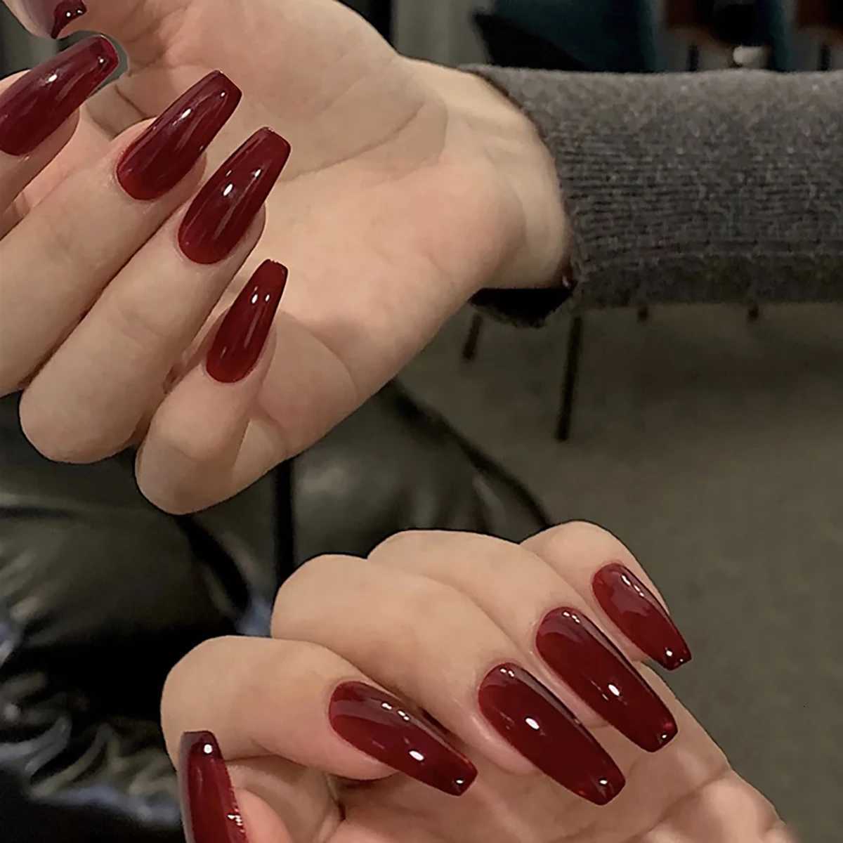 Long Ballet Press on Nails Red Rose Flower Designed Full Cover Fake Nails French Style Wearable False Nails Tips for WomenT251118T251119