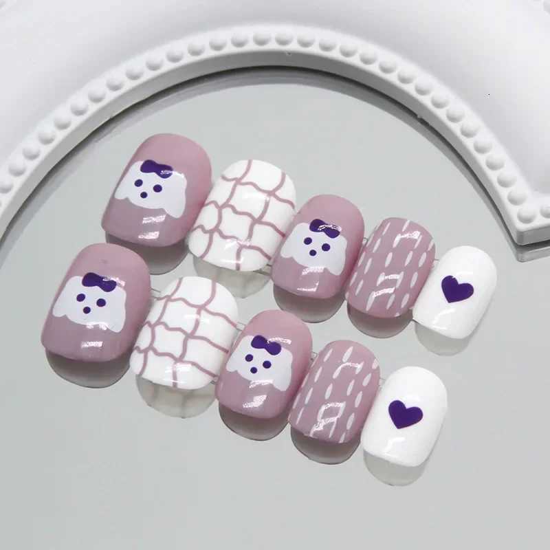 24PCS/Set Short Oval Cartoon Pinkish False Nails Cute Rabbit Simple Painting Nail Art Sweet Love Detachable Fake NailsT251118T251119