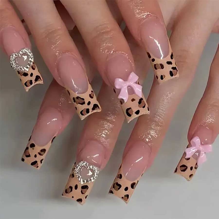 24Pcs Mid-length Square Head Fake Nails Brown French Design Press on False Nails Marble Pattern Detachable Full Cover Nails TipsT251118T251119