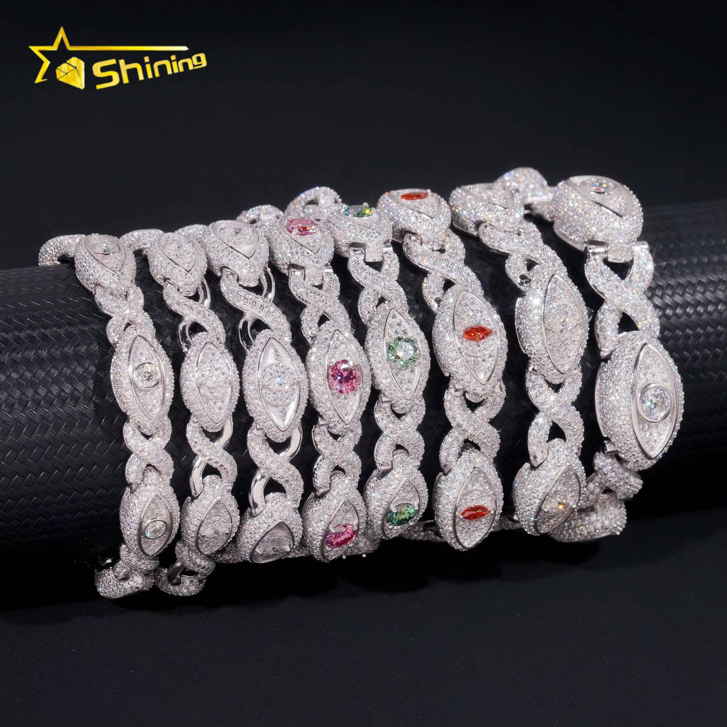 Hot Selling Iced Out Jewelry 925 Sterling Silver Hip Hop Color Moissanite Eye Infinity Link Cuban Bracelet