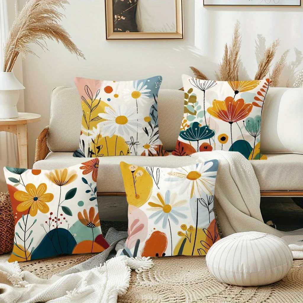 4pcs Boho Floral Throw Covers 18x18in - Vibrant Abstract Botanical Art in Warm Earth Tones Soft Short Plush PolyesterM251119