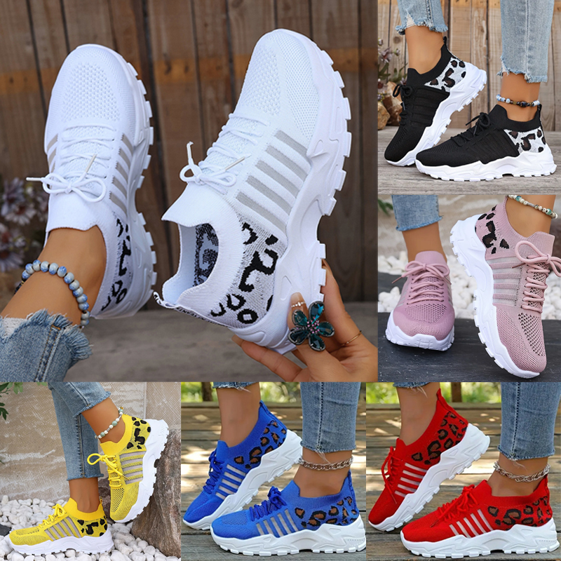 Women's Plus Size Breathable Knit Sneakers Leopard Print Striped Detail, LaceUp Running Shoes with Comfortable Platform Sole