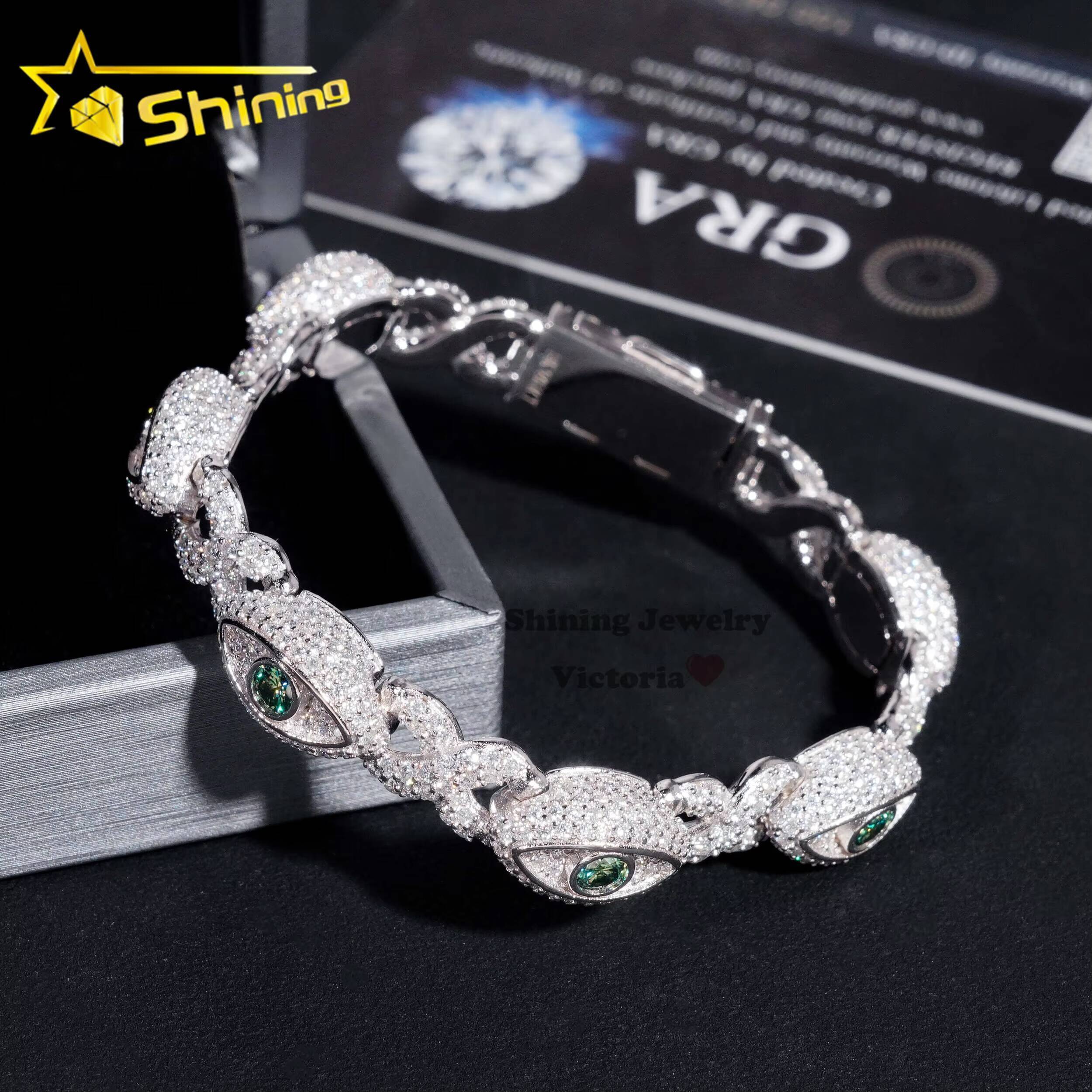 Hot Selling Hip Hop Bracelet Cuban Link 925 Silver 8MM Width VVS Moissanite Diamond Evil Eye Link Bracelet for Men