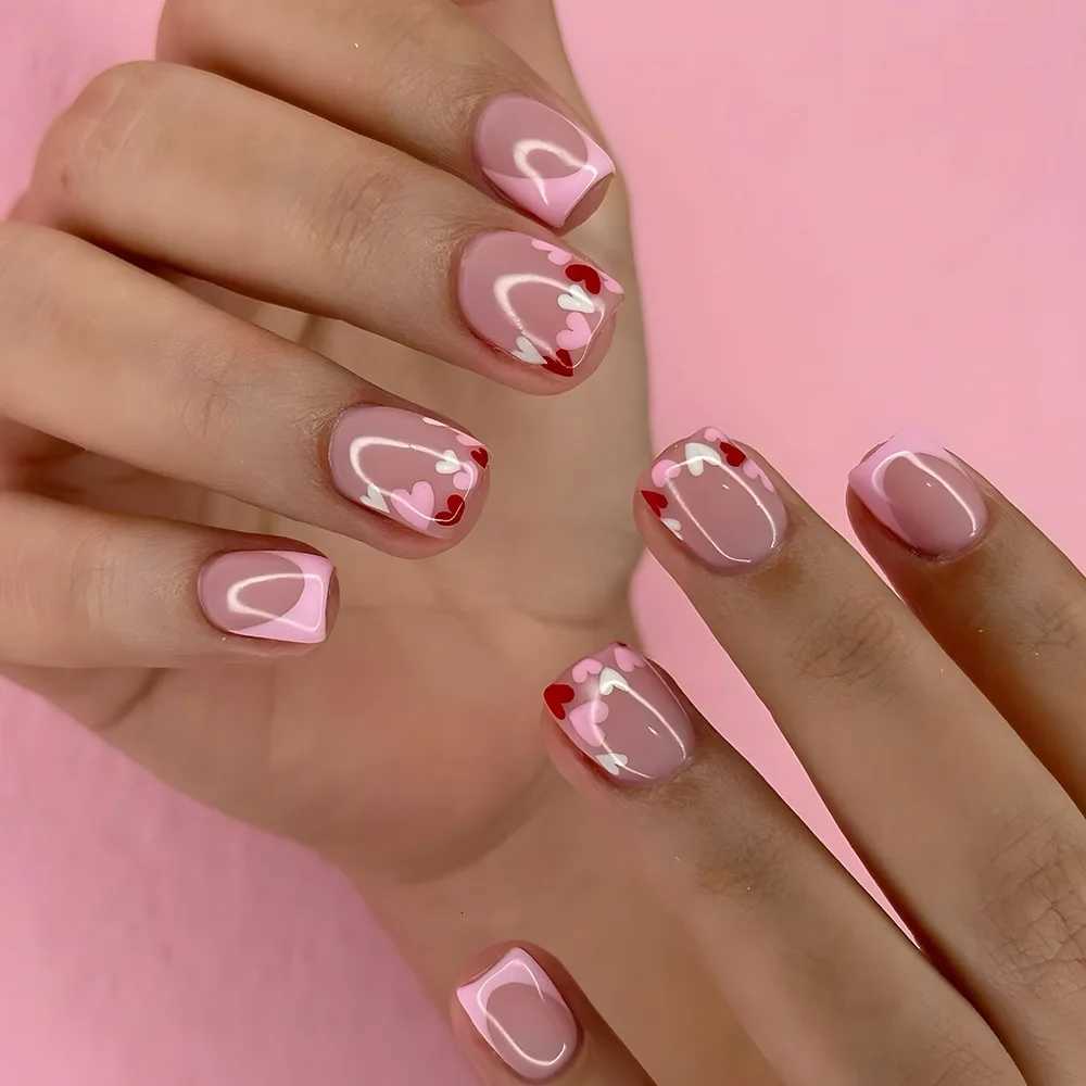 24Pcs Short Nude Square Fake Nail Colorful French Simple Flower Design Press on False Nails Detachable Full Cover Nails Tips ArtT251118T251119