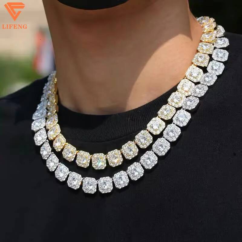 Custom 8mm Baguette Square Cut 925 Sterling Silver Tennis Link Chain Necklace Gold Plated Iced Moissanite Jewelry Parties Gifts