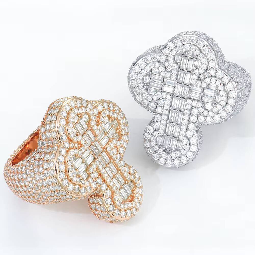 925 Silver Jewelry White Gold Rose Gold Plated Full Iced Out D VVS Round Baguette Cut Moissanite Diamonds Cross Hiphop Ring