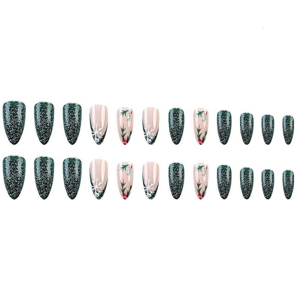 24pcs Christmas Press on Nails Green Tree Christmas False Nails Reusable Acrylic Fake Nails French Almond Nail CharmT251118T251119