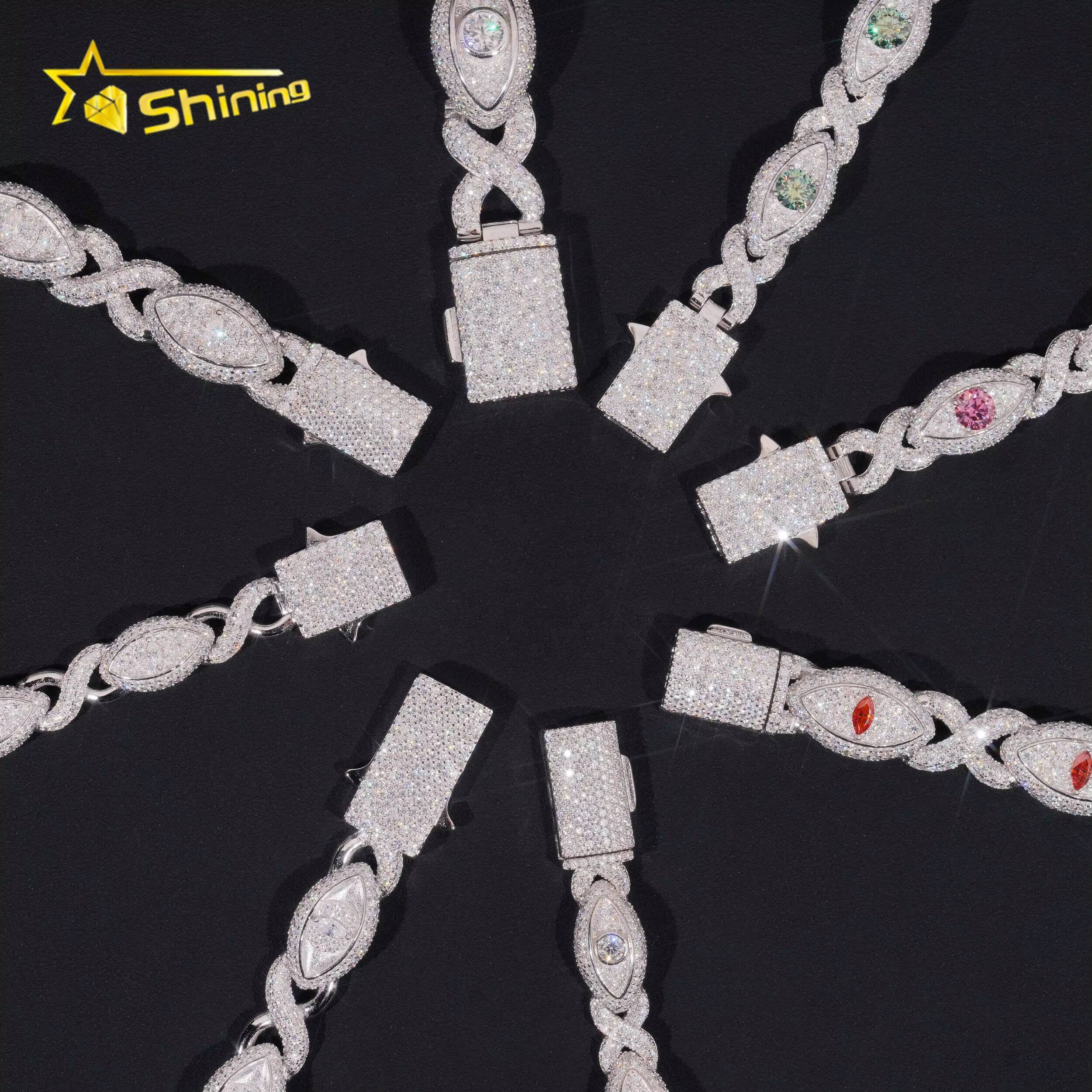 Hot Selling Iced Out Jewelry 925 Sterling Silver Hip Hop Color Moissanite Eye Infinity Link Cuban Bracelet