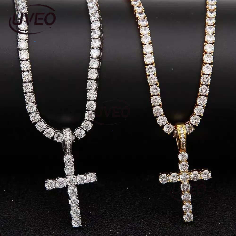 Cross Pendant Necklace Hip Hop 4mm 5mm Vvs Moissanite Dia Tennis Chain Sier for Women Men Jewelry