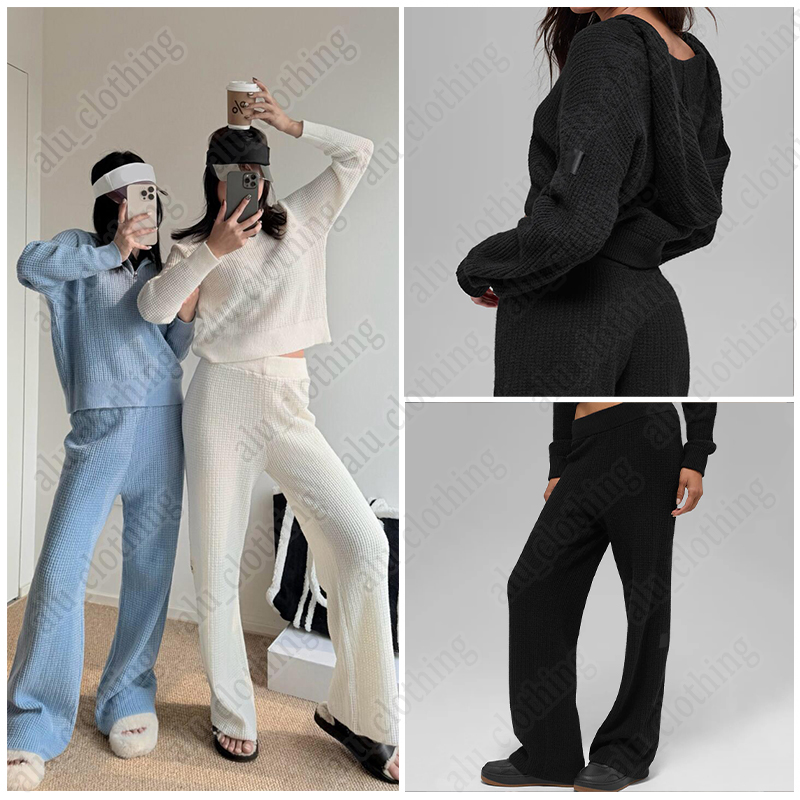 Women's Designer Yoga Fitness Set Waffle-Knit Cardigan Top with Full-Zip Hooded Sweatshirt Elastic Waist Straight-Leg Pants Loose-Fit Slimming Knit alonessity Set