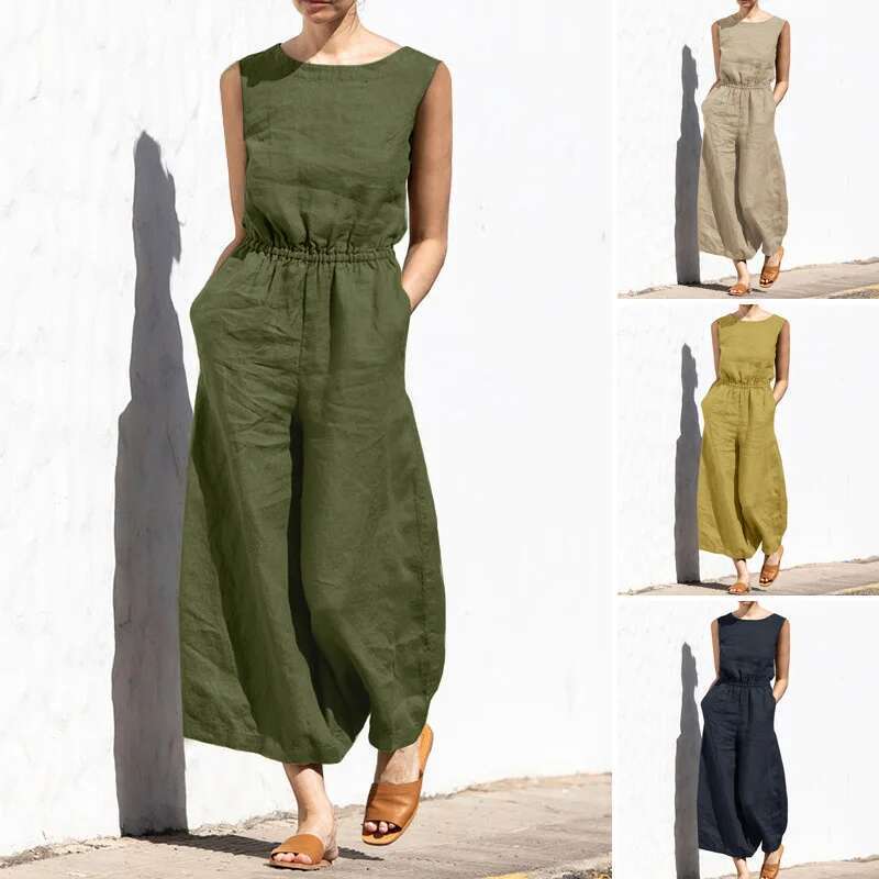 Designer Clothing Cotton And En Jumpsuit Women Solid Color Sleeveless Pocket High Waist Wide Legs Jumpsuits Casual Commuting Ladies Bodysuits
