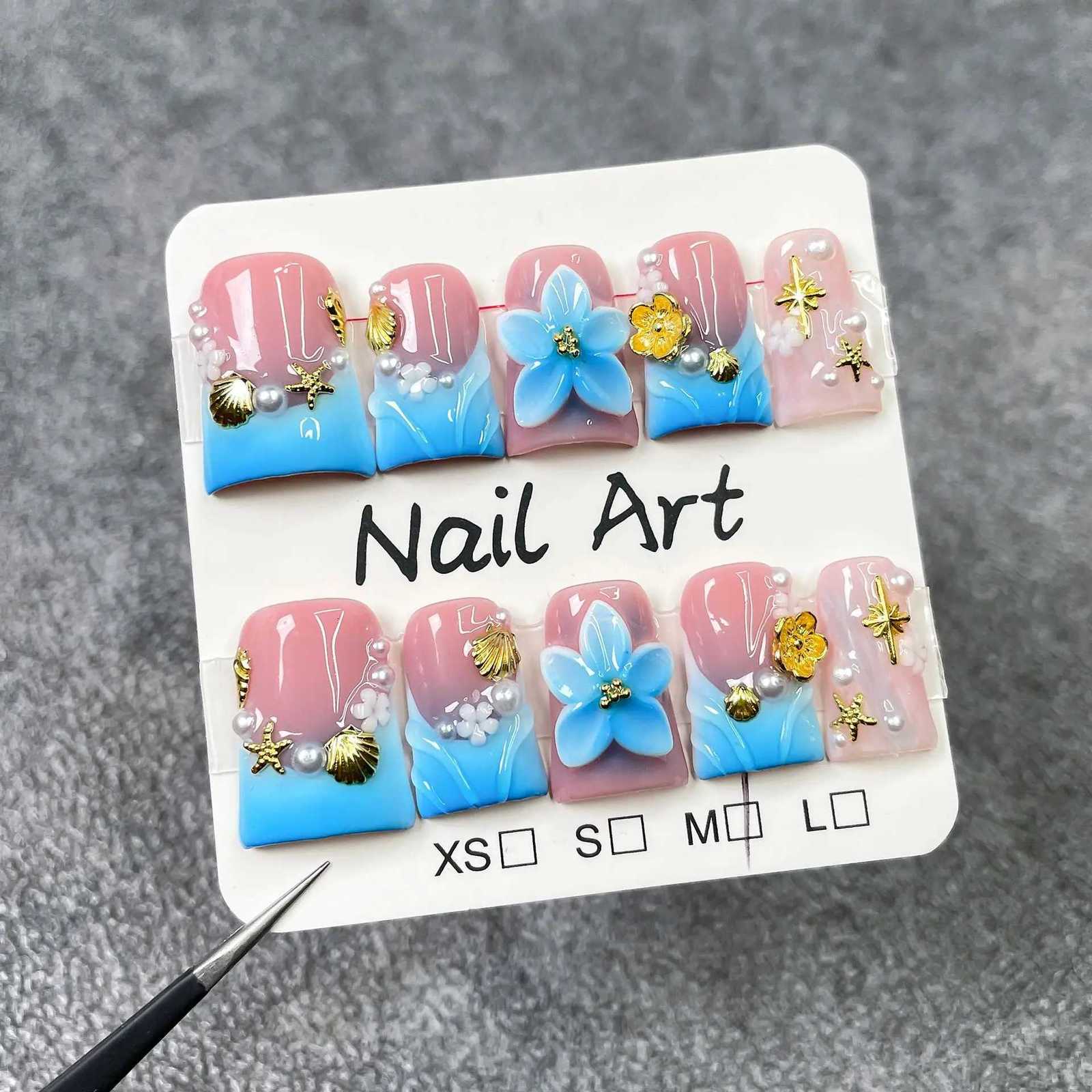 10pcs Flower Short Duckbill Handmade Press on Nails Set Pearl Seashell Design False Nails Art Reusable Blue French Fake Nail TipT251118T251119