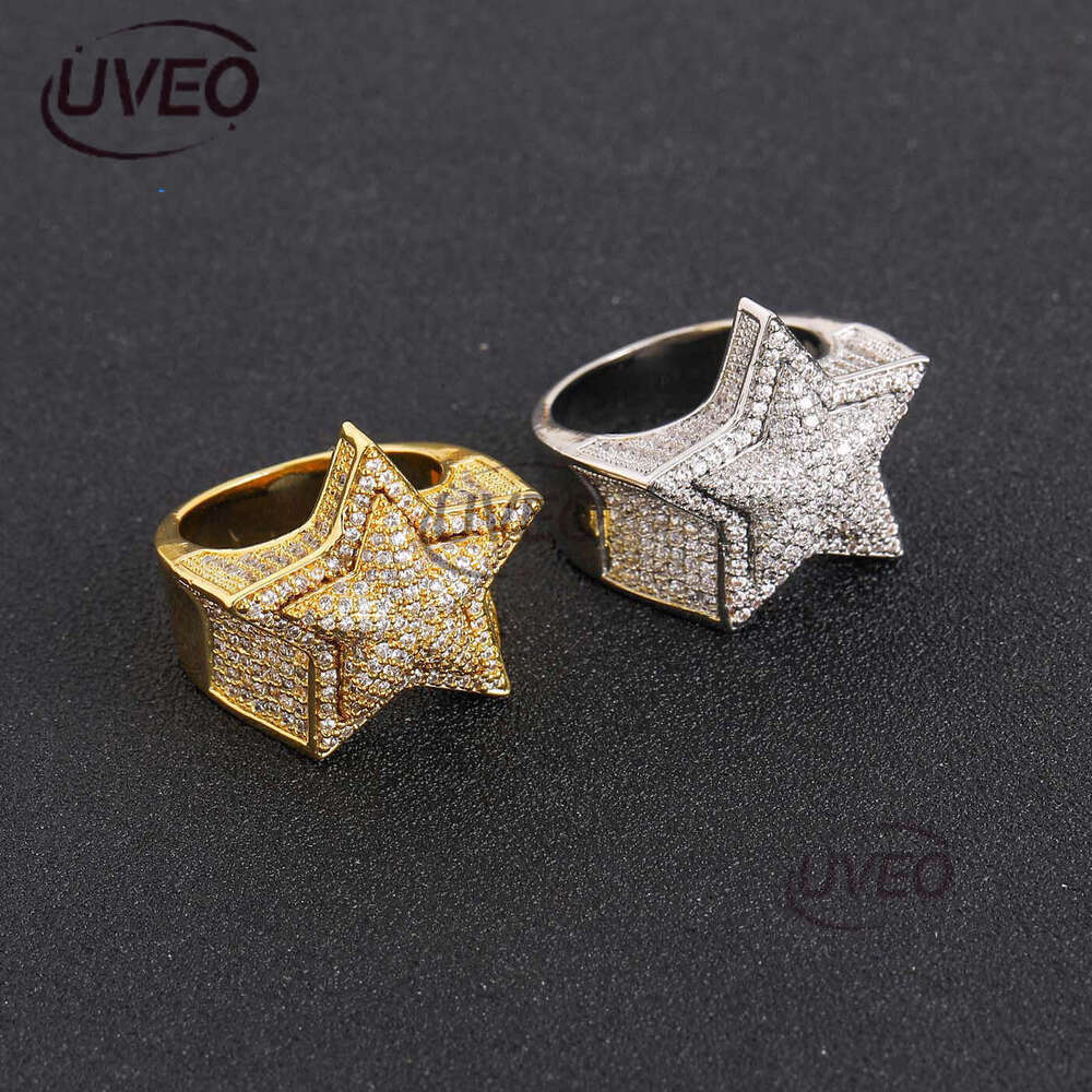 Luxury designer Hip Hop Ice out VVS Moissanite 3D five-point star double copper plated real gold Men women Hip hop rings