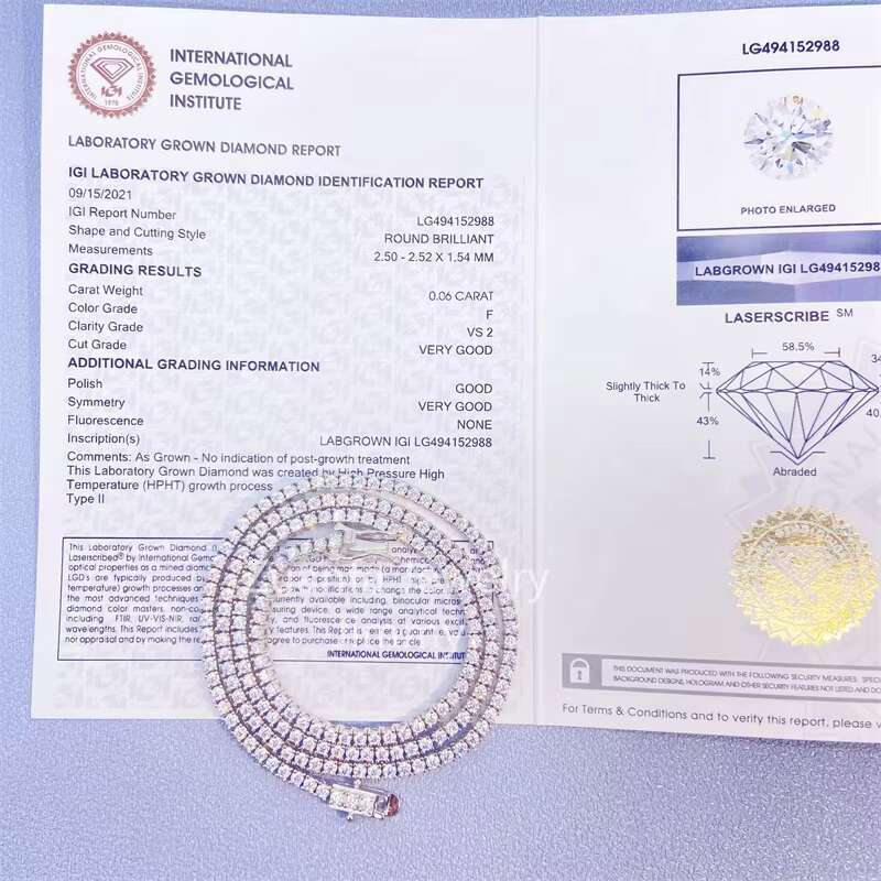 IGI Certificates Lab Grown Diamond HPHT VS-SI 10K Gold About 2mm 2.5mm Tennis Chain Necklace