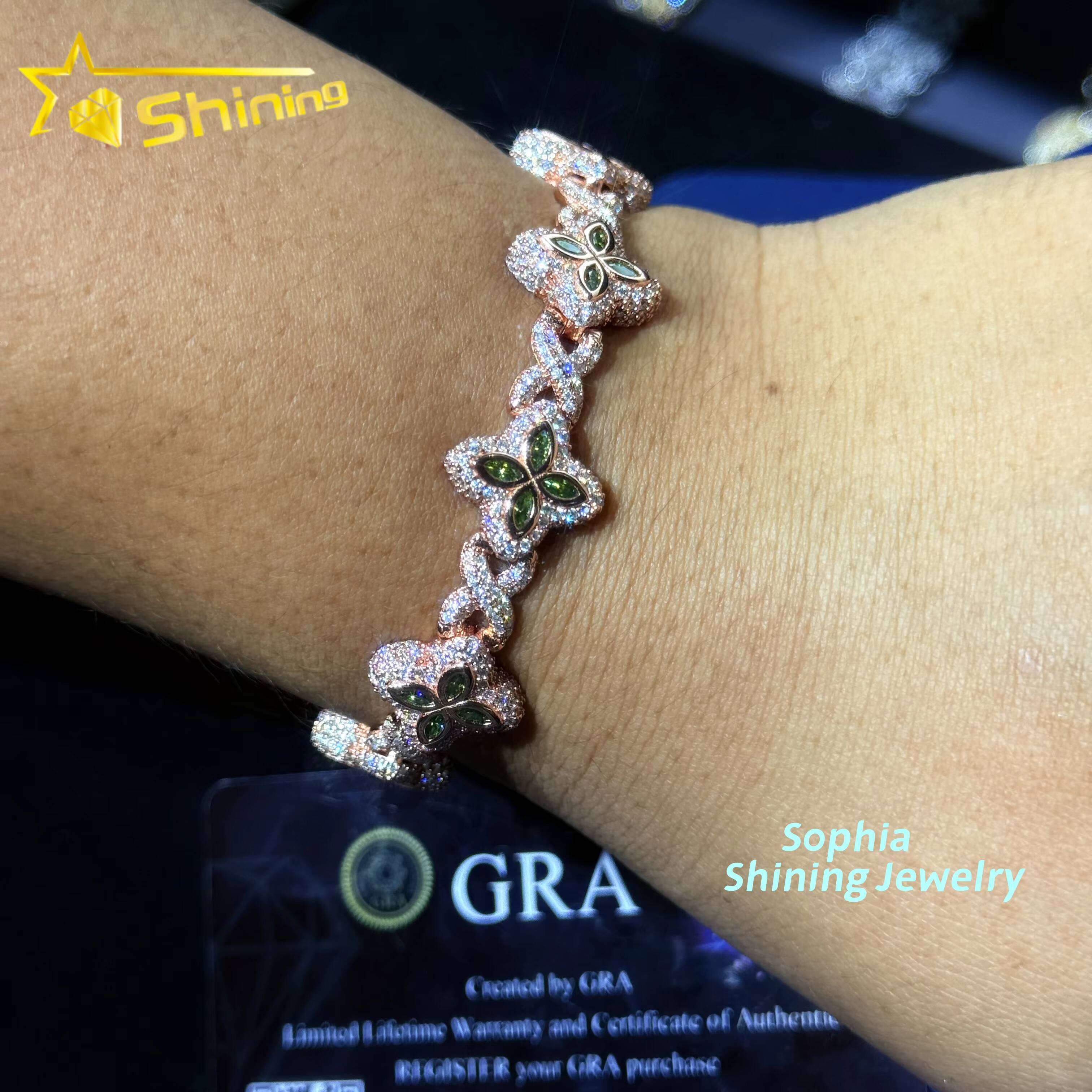 New Arrivals Fashion Jewelry 925 Sterling Silver Vvs Pink Color Moissanite Diamond Four Leaf Clover Cuban Link Tennis Bracelet