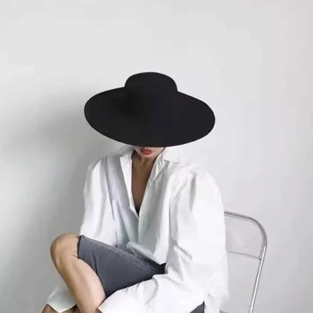 Womens Black Felt Hat Fashion Classic Blend Fedora Formal Top Hat Wide Brim Flat Church Derby CapC250419