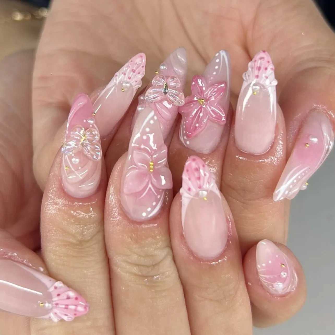 24Pcs Pink Gradient Stripe French Press on False Nails 3D Flower Pearl Full Cover Nail Tip Mid-length Almond Reusable Fake NailsT251118T251119