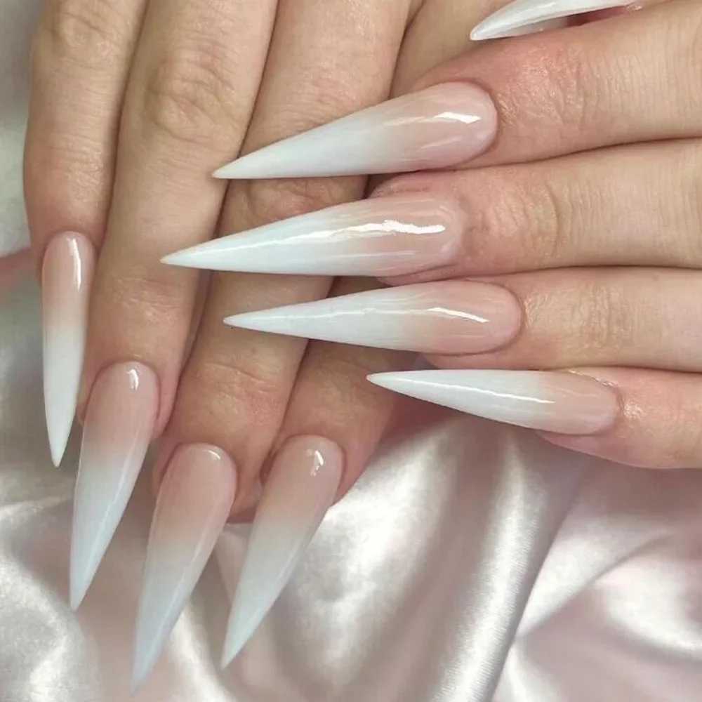 24Pcs White Gradient Press on False Nails Acrylic Stiletto Almond Fake Nail Wearable Solid Color Simple Full Cover Manicure TipsT251118T251119