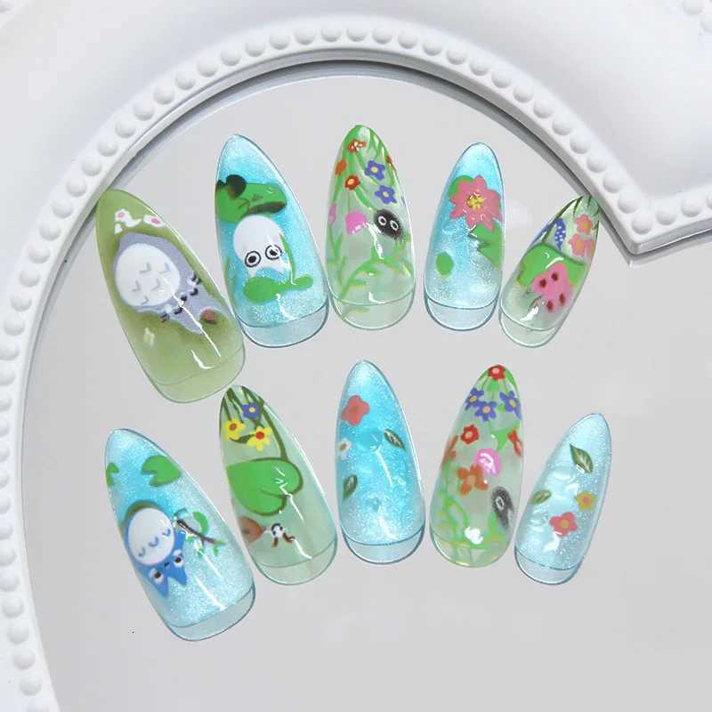 24Pcs Long Almond Press on Nails - 3D Cartoon Frog Design with Ocean Green Grass Red Flowers and BubblesT251118T251119