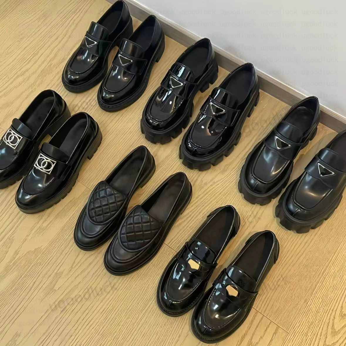 Designer dress shoes loafers Women thick soled quilted Real leather cover mule patent casual shoes Mule metal buckle black flat shoes mule soft leather shoes