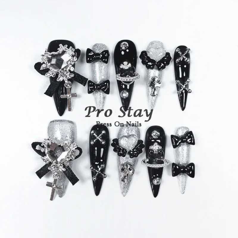 10pcs black Handmade Press On Nails With Purple Large Diamonds and Metal Decoration Y2k Hot Girls Wearable Artificial False NailT251118T251119