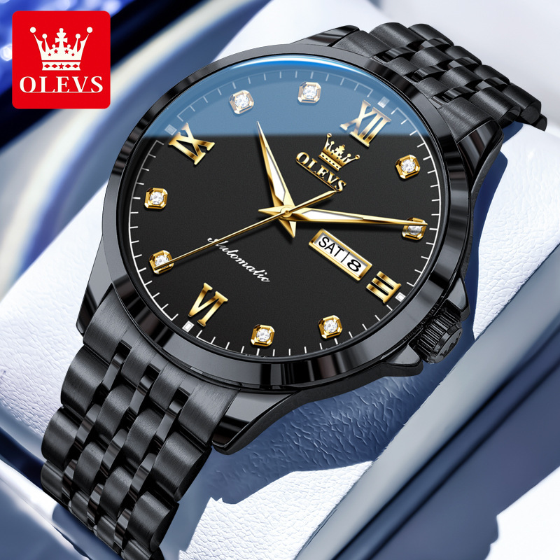 OLEVS Brand Designer Men's Watch New Seven-bead Bracelet Simple Style Steel Bracelet Double Calendar Luxury Waterproof Mechanical Men's Watc