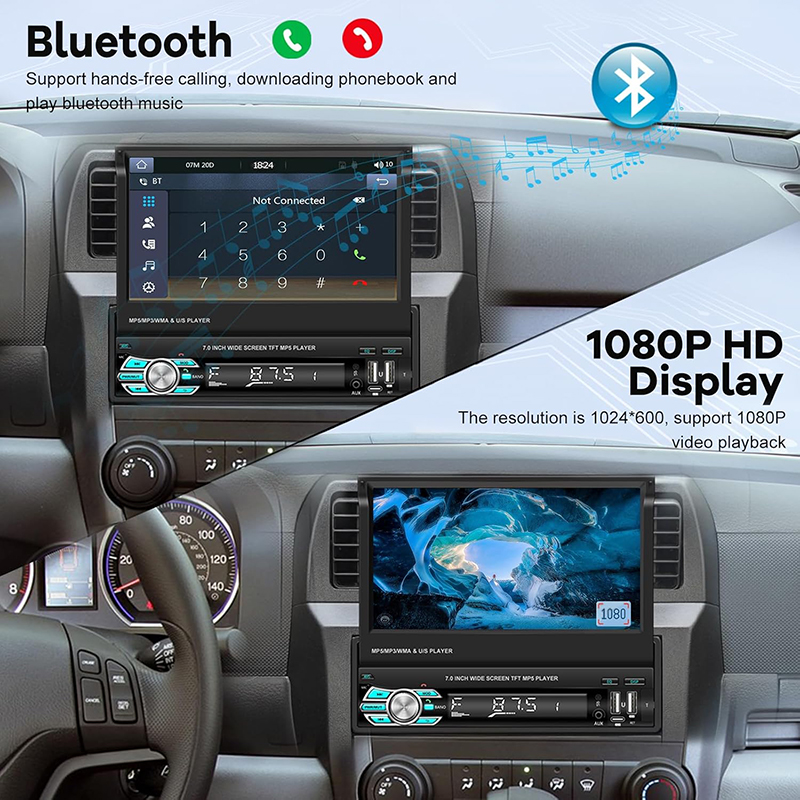 Retractable 7 inch Touch Screen Flip Out Screen Car Stereo with Wireless Carplay and Android Auto, Radio Support Bluetooth/SWC/USB/FM + Backup Camera 