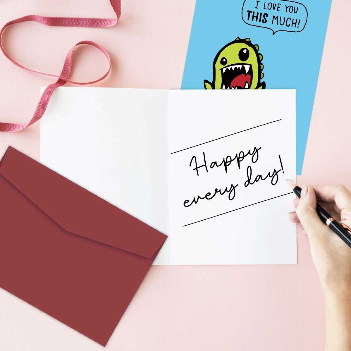 1PC Cute Dinosaur Birthday Greeting CardI Love You This MuchFunny Anniversary Card With EnvelopeThank you Card for Her Him G251119