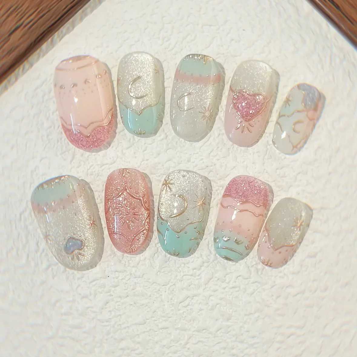 24Pcs Short Almond Fake Nail Blue Flower Cats Eye Design False Nails Press on Gilding Rhinestone Reusable Full Cover Nails TipsT251118T251119