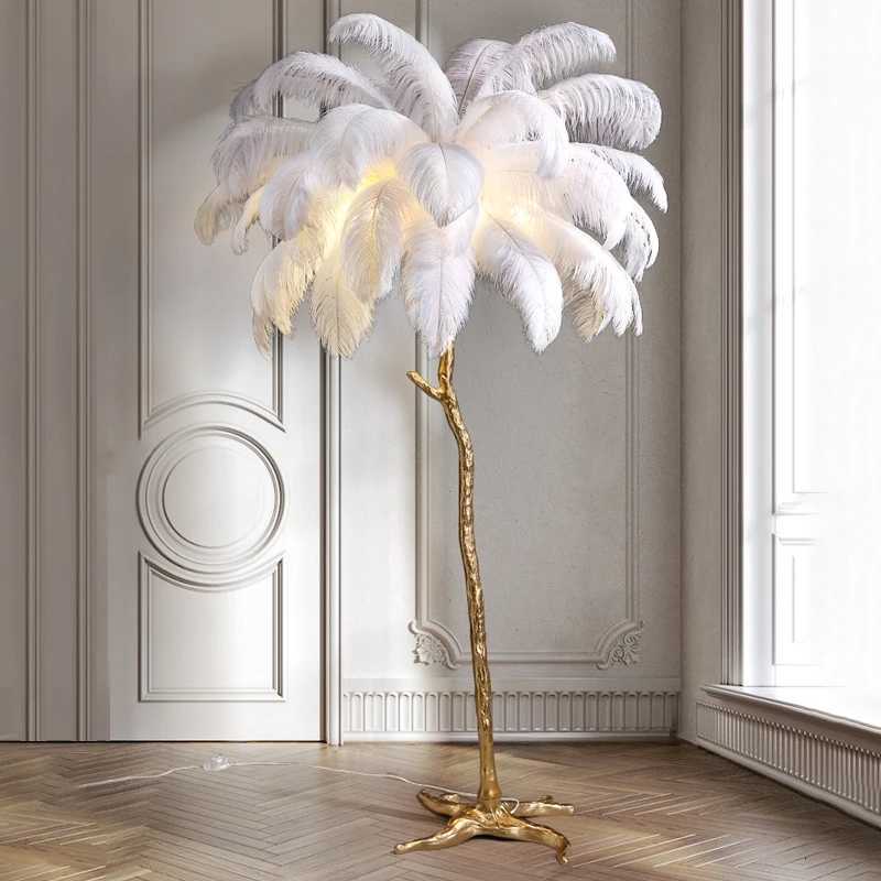 Nordic Ostrich Feather Led Floor Lamp Resin Copper Living Room Home Decor Standing Light Indoor Lighting Bedroom Bedside Lamps M251119