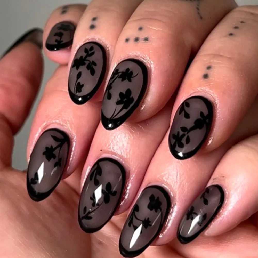 24PCS Short Almond Fake Nails Black Flower Design Autumn Winter Press on Nails Hot Girl Cool Style Removable Nail Art for WomenT251118T251119