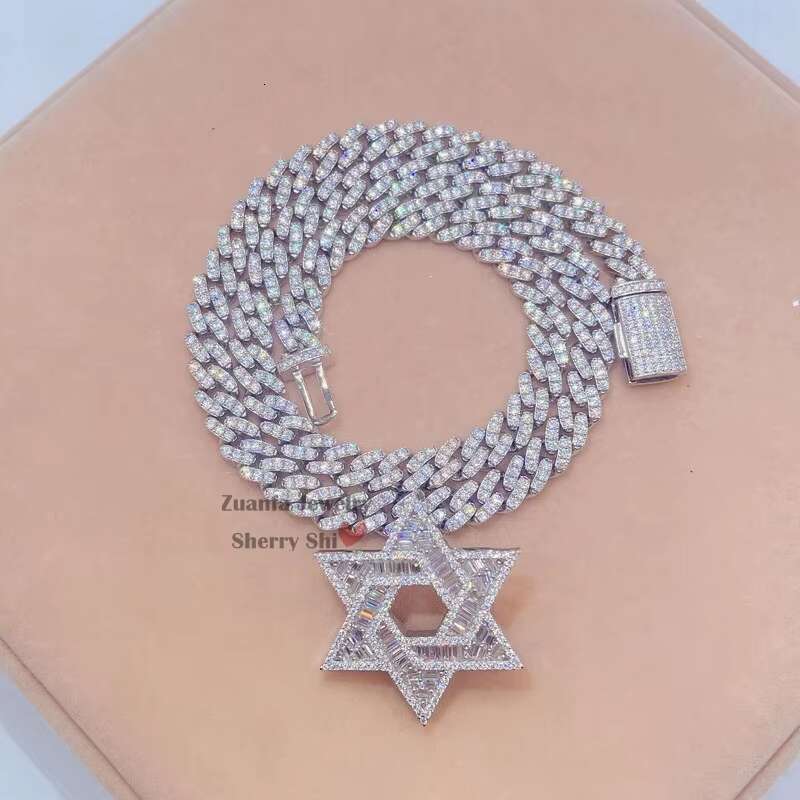 Hip Hop 8mm Moissanite Cuban Chain With Moissanite Iced Out baguette Diamond David Star Pendant