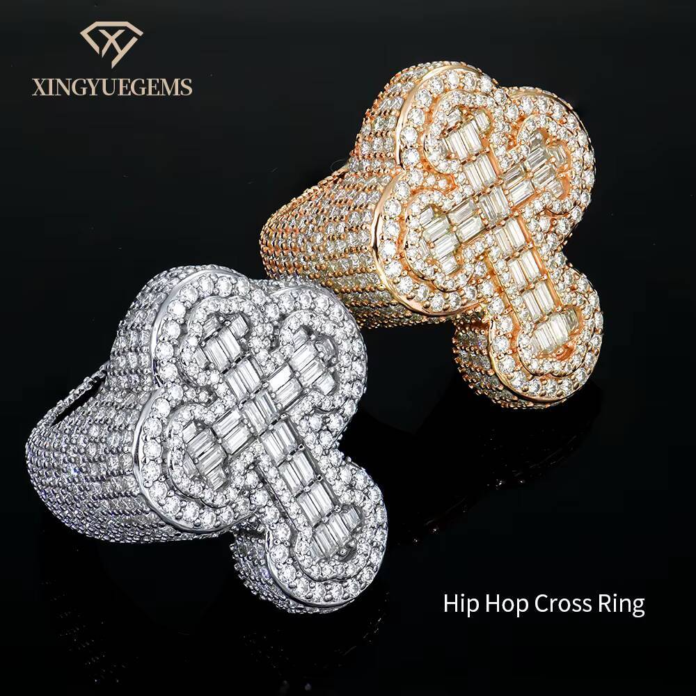 Mens Fully Iced Out 14K Gold Plated Hip Hop Rings Moissanite Ring for Men Punky Rapper Style Baguette Cross Pinky Ring